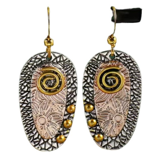 Boho Style Mixed Metal Geometric Floral Drop Earrings - Picture 3 of 5